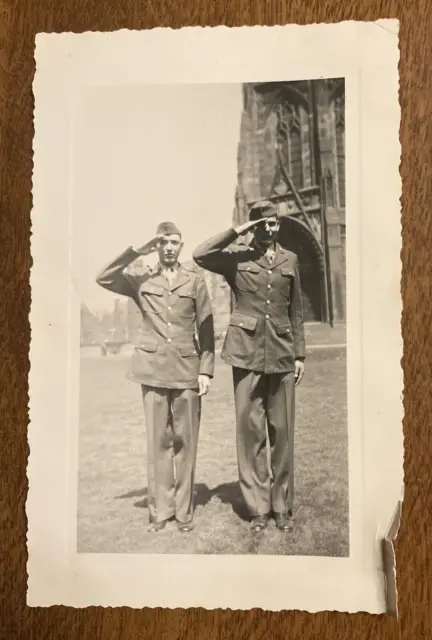 1940s WWII WW2 Army Men Saluting University of Pittsburgh PA Chapel Photo P10t8