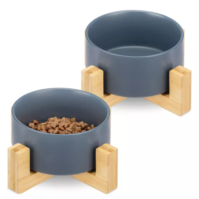 Set de 2 Comederos de cerámica para gatos y perros con soportes de madera