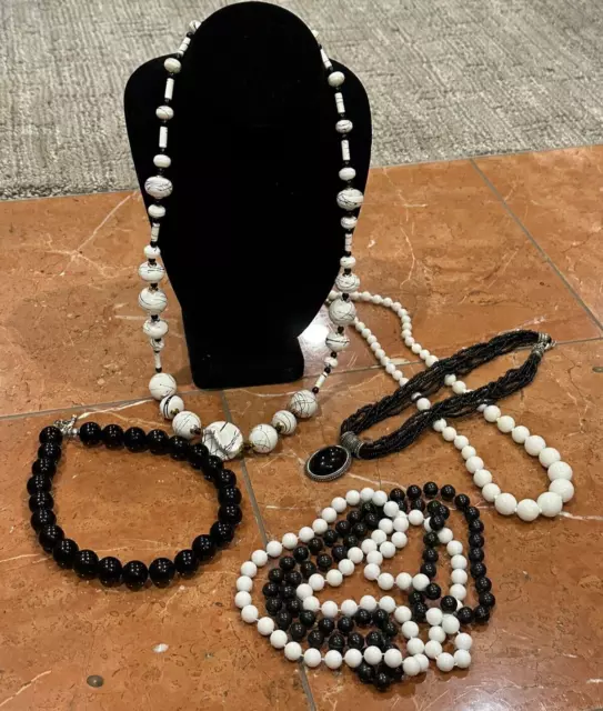 Vintage Lot 5 Black & White Beaded Necklaces Splatter Opera Seed Bead Chunky Euc
