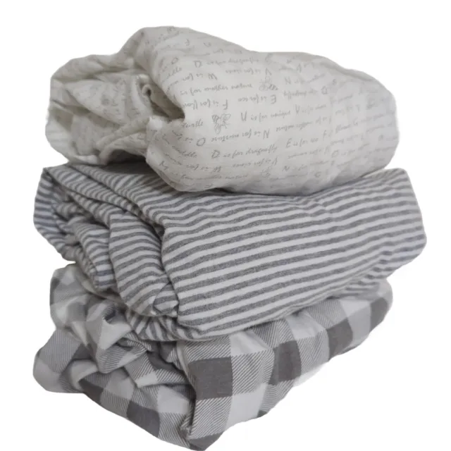 Burts Bees Baby Fitted Crib Sheets Lot Of 3 100% Organic Cotton Gray & White OS