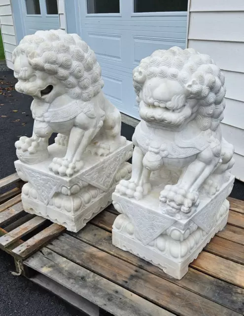 Pair of Monumental Chinese Lion  Foo Dog with Ball in jaw  Marble Hand Carved