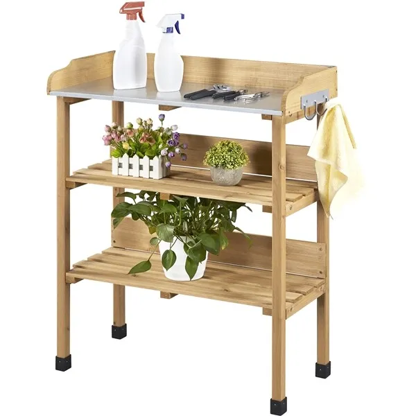 Potting Bench Table Wood Garden Potting Table Planting Work Station with Shelves