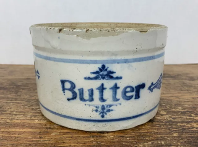 Blue & White Stenciled Small Snowflake Butter Crock Stoneware Salt Glazed