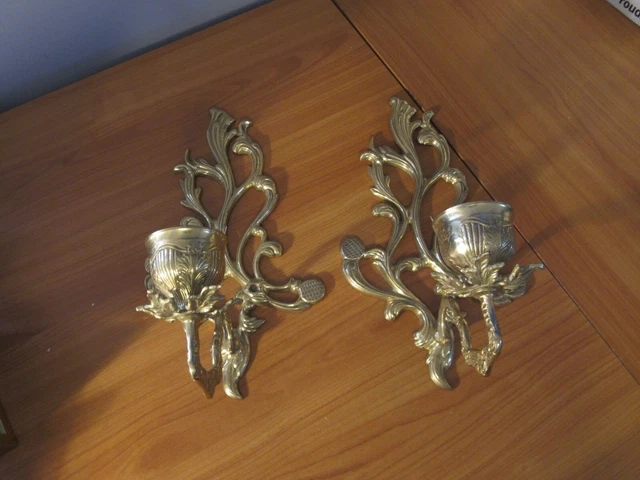 Pair Of Brass Ornate Wall Candle Stick Holders Sconces India Leaf Vine