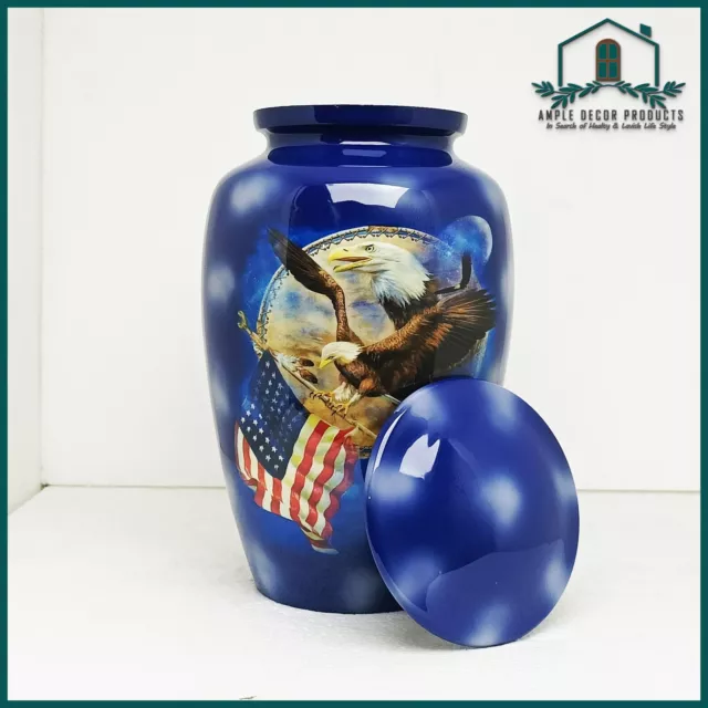 Flying Eagle USA Flag Blue Cremation Urn for Human Ashes Funeral Urn Handcrafted