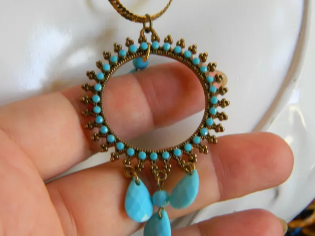 Vintage Turquesa Color Briolette Pendientes Largos Collar con Colgante Set 7C 27 2