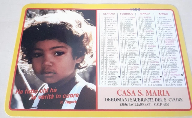 Calendarietto plastificato 1998, Casa S. Maria, Sacerdoti Dehoniani