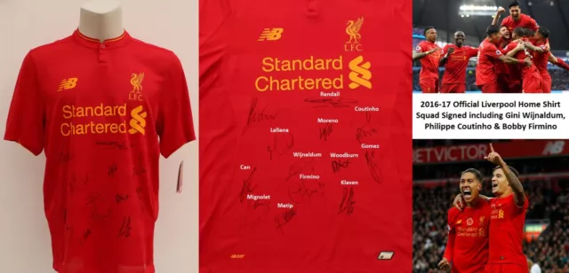 2016-17 Official Liverpool Home Shirt Squad Signed Wijnaldum, Coutinho & Firmino