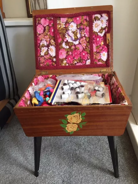 Vintage Small Sewing Box on Legs with Various Yarns.