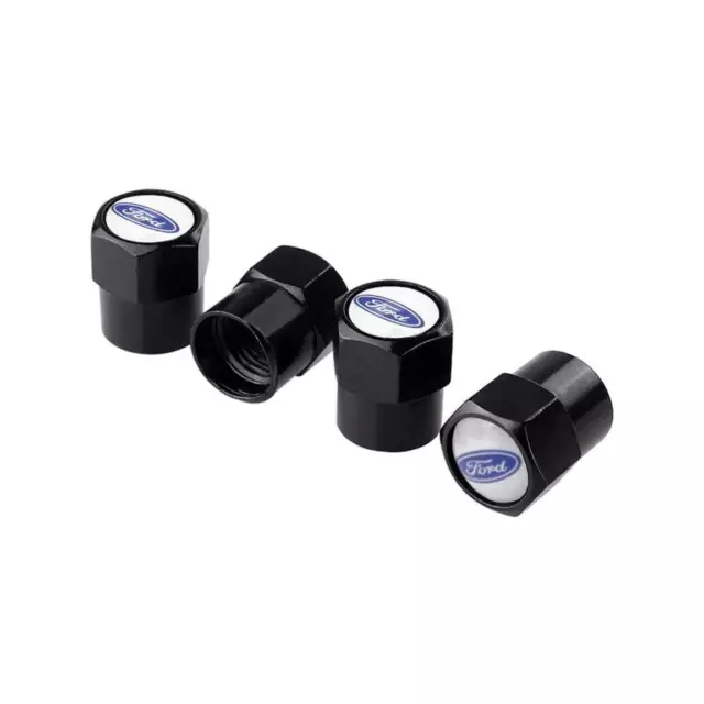 Ford Blue Logo Set of 4 Black Dust Valve Caps in Bag