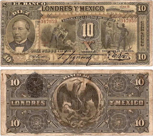 Mexico, 10 Pesos,Banco de Londres y Mexico, Series E, 7-1-1909,S/N 347959,S-234d