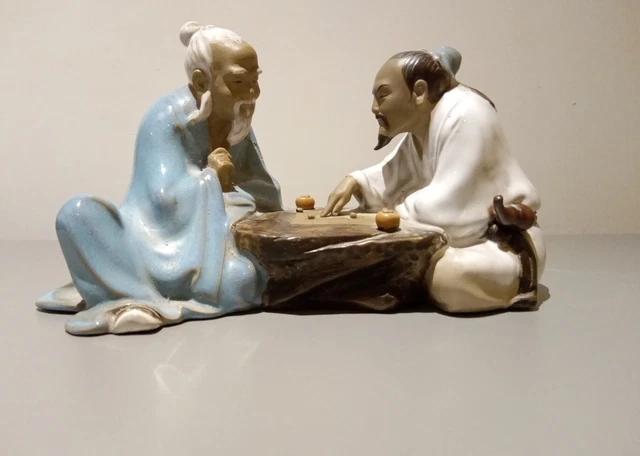 Chinese Shiwan Pottery Mudman Figurine Two Men Playing Board Game Part Glazed