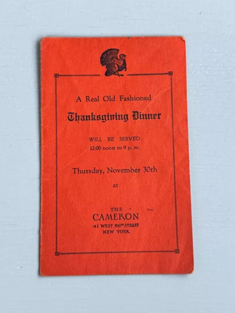 Vintage Menu The Cameron New York City Thanksgiving Dinner 1940s Ephemera