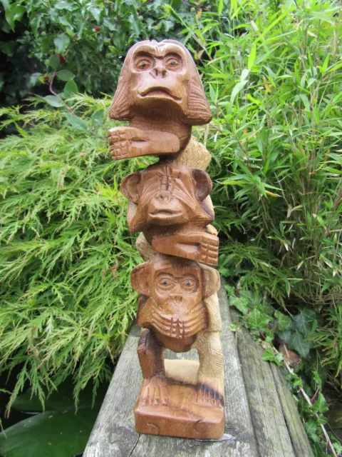 Hand Made Wooden Monkey Carving See Hear Speak No Evil 3 Wise Monkeys Statue