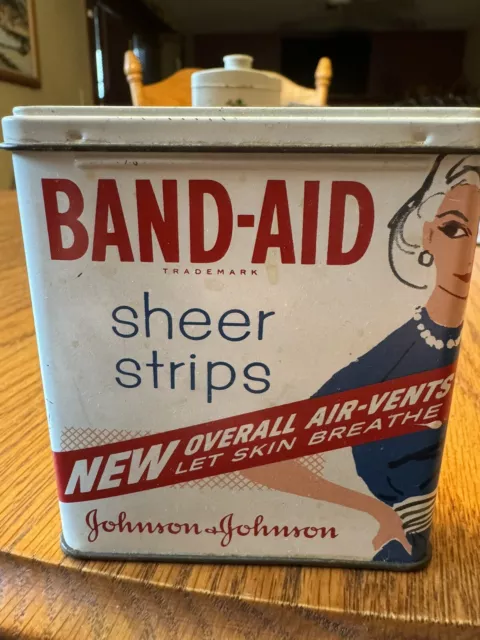 Vintage Johnson & Johnson Band-Aid Sheer Strips Tin Box w/Woman in Blue Dress