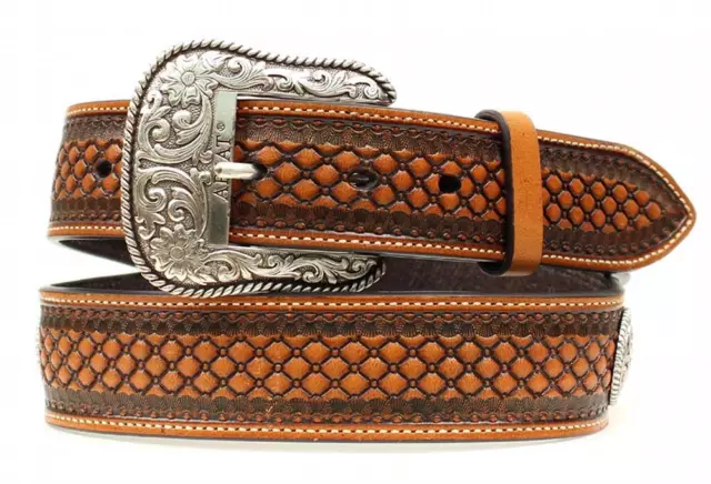 Ariat Western Mens Belt Leather Basketweave Floral Conchos Brown A1013248