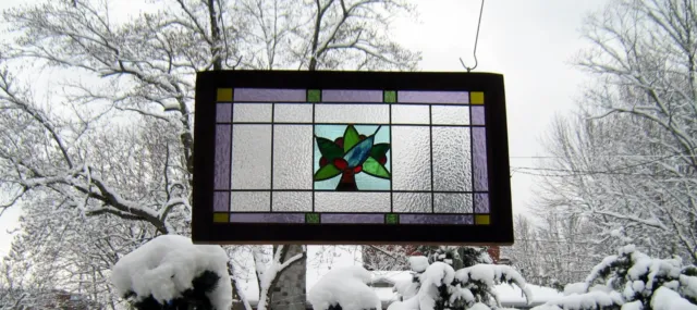 large leaded framed stained glass panel transom*antique wooden window decor art 4