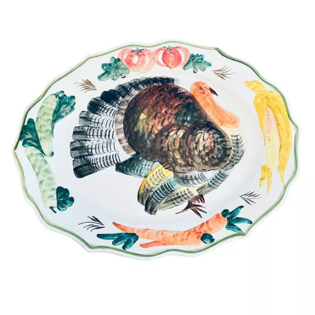 Oval Serving Platter Turkey Vegetables Vintage Made in Italy Majolica Glazed 21"