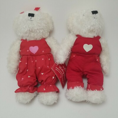 HALLMARK White Fur Boy & Girl Kissing Bears & Hand Holding 9" Tall Red Overalls