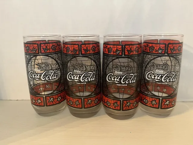 VTG Coca-Cola Tiffany Style Stained Glass Drinking Glasses/Tumblers Set Of 4