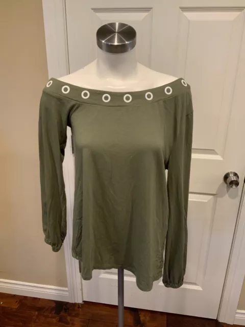 Michael Kors Olive Green Off The Shoulder Shirt, W/ Grommet Detail, Size Large