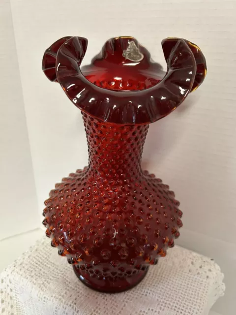 Vintage Fenton Glass Ruby Red Large Vase Hobnail 11” Ruffled Fluted Must See!!