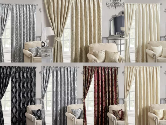 Jacquard Curtains Pencil Pleat Luxury Pair Fully Lined Ready Made Tiebacks