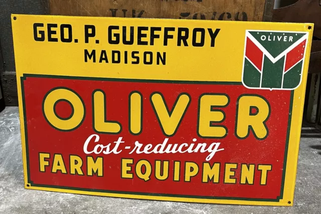 OLIVER Farm Equipment “Cost-Reducing” One-Sided Porcelain Sign, 16” x 25”