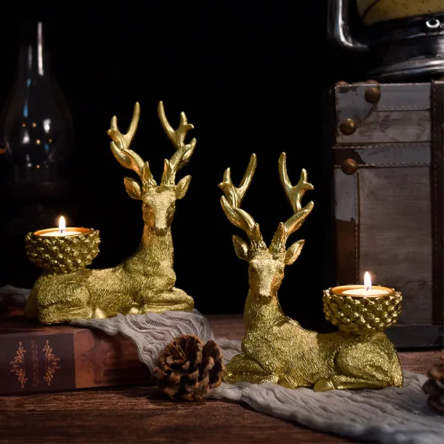 FE# 2 Pcs Rustic Christmas Stag Candle Holder Candle Holder Home Xmas Decor (Gol