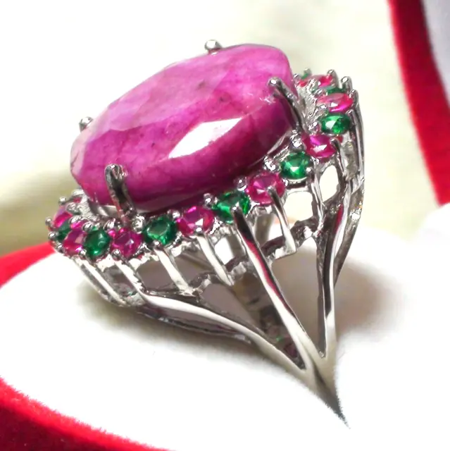 17.40ct NATURAL REDDISH PINK BERYL EMERALD BIXBITE RING 925 STERLING SILVER.7.0