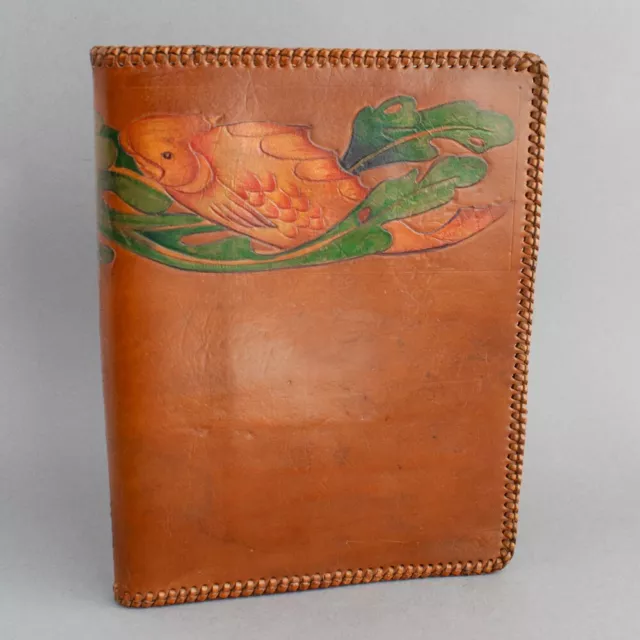 Antique ARTS & CRAFTS Tooled LEATHER DOCUMENT/WRITING WALLET Art Nouveau FISH