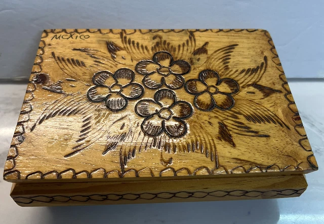 Vintage Hand Carved Wooden Box Jewelry Trinket Box Hinged Lid Divided Mexico