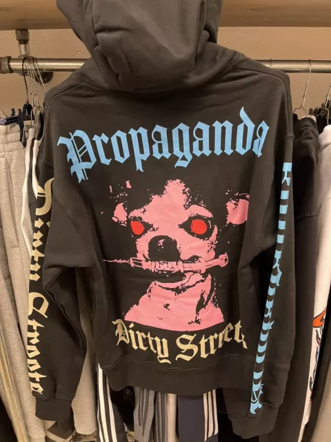 Propaganda Felpa unisex nera con cappuccio stampa retro Noyz Narcos Rapper nuova