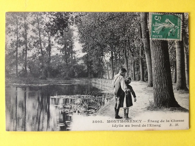 cpa de 1911 MONTMORENCY IDYLLE au Bord de l'étang de la CHASSE Couple d'Enfants