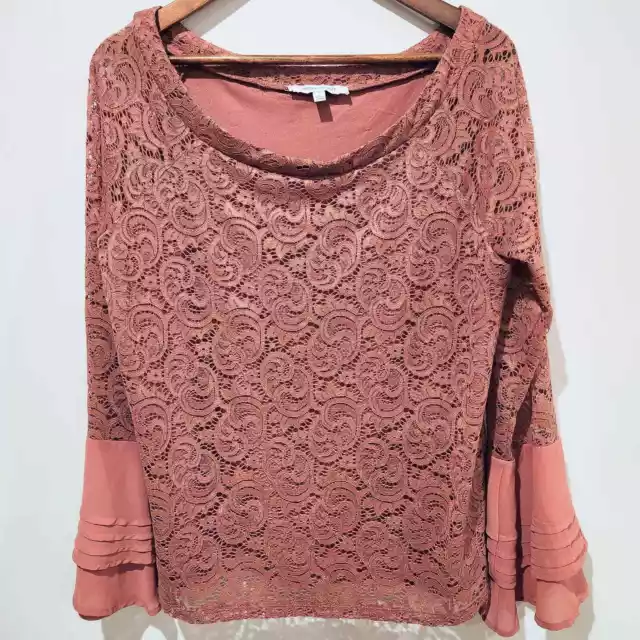 Rose and Olive Womens Pink Layered Floral Bell Sleeve Blouse Size Large Lace