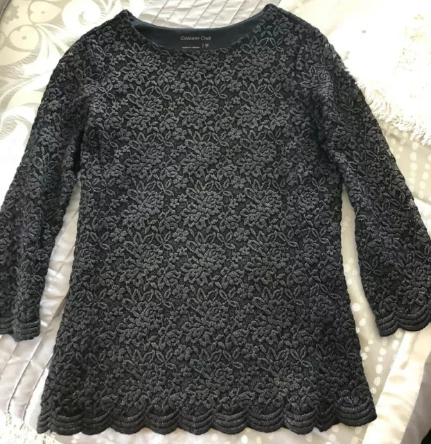 Coldwater Creek - XS (4) Stretch Lace Blouse Top Black Gold Metallic Shimmer