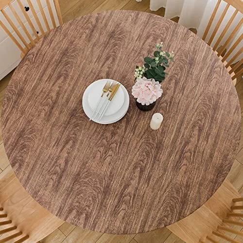 Round Vinyl Fitted Tablecloth with Flannel Backing Elastic Edge Pla...