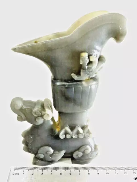 Chinese 15x10 CMS Greyish White Jade Dragon Rhyton Wine Cup 2