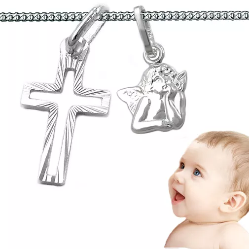 Kinder und Baby Taufe Schutzengel mit Kreuz Anhänger inkl. Kette Echt Silber 925