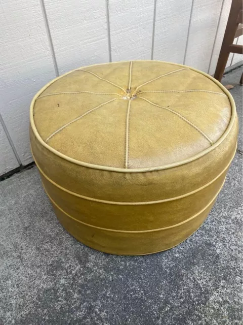 Vtg MCM Gold Mustard Yellow Vinyl Stool Footstool Ottoman