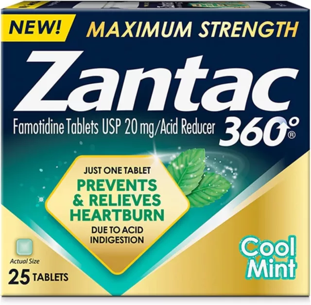 Zantac 360 Maximum Strength Famotidine 20mg Heartburn, 25 ct Cool Mint ex7/2024+