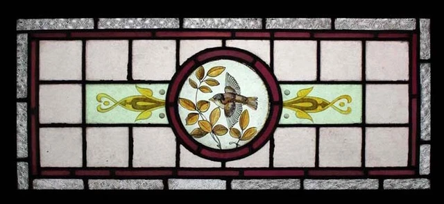 Victorian Painted Bird In Foliage Antique English Stained Glass Window