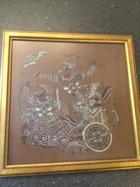 Affengott Hanumann Bild auf Stoff gemalt Streitwagen gerahmt 32 X 32 cm