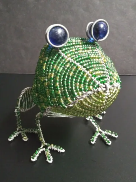 BEADWORX Grassroots Creations Green FROG Glass Bead Handmade Wire Sculpture 4.5"