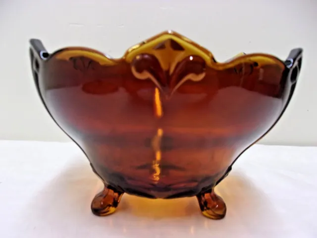Vintage Indiana Glass French Fleur De Lis Amber Footed Bowl 60s-70s Thick Heavy