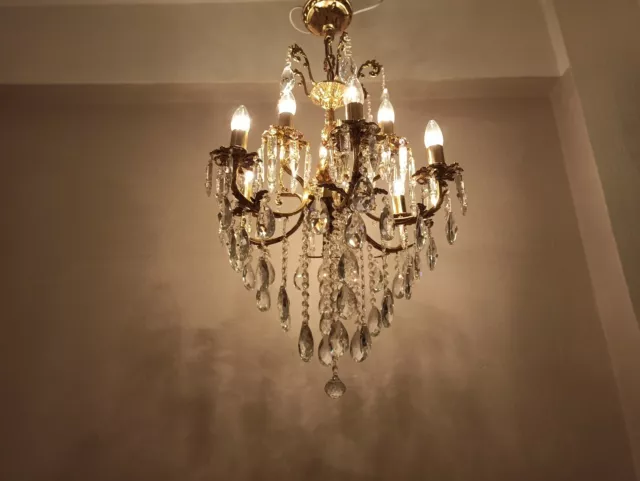 Antique Vintage Chandelier, Heavy Brass & Crystal Huge Chandelier, French 9 Arms