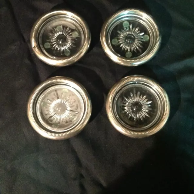 Italian Coasters Silverplated Trim on Glass Set of Four (4)