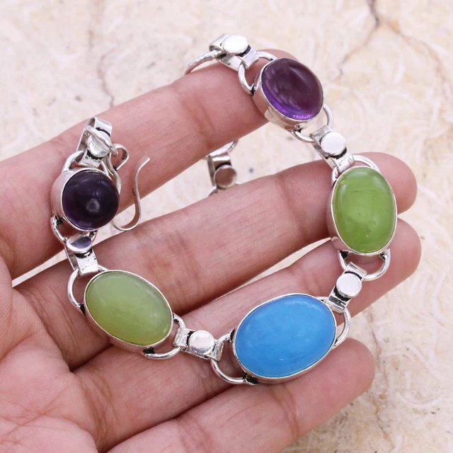 Chalcedony 925 Silver Plated Handmade Bracelet of 7" Ethnic
