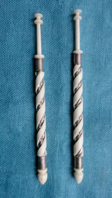 2 x Hand Made Spiral Turned Bone Lace Bobbins With Silver Wire Decoration .