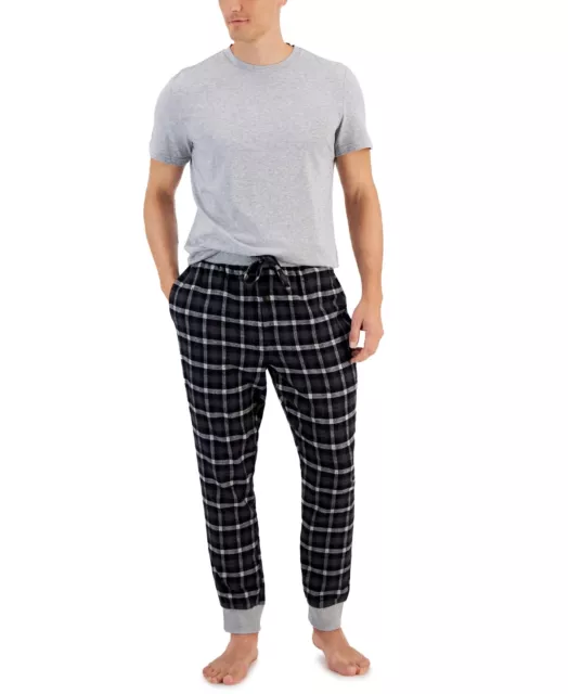 Club Room Mens Faro Solid T-Shirt and Black White Plaid PJ Pants Large